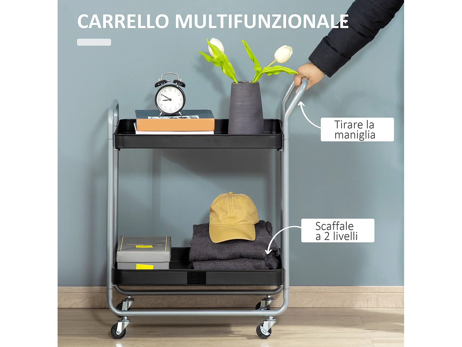 Carrello portavivande a 2 livelli con maniglie e ruote nero