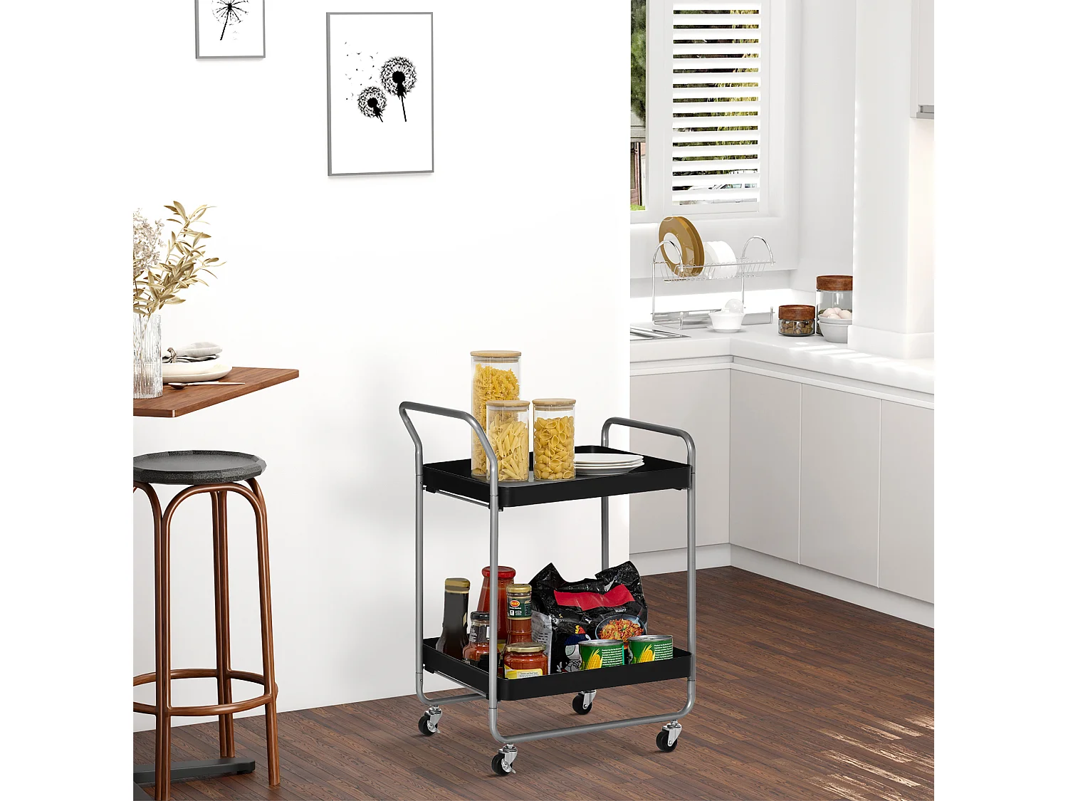 Carrello portavivande a 2 livelli con maniglie e ruote nero