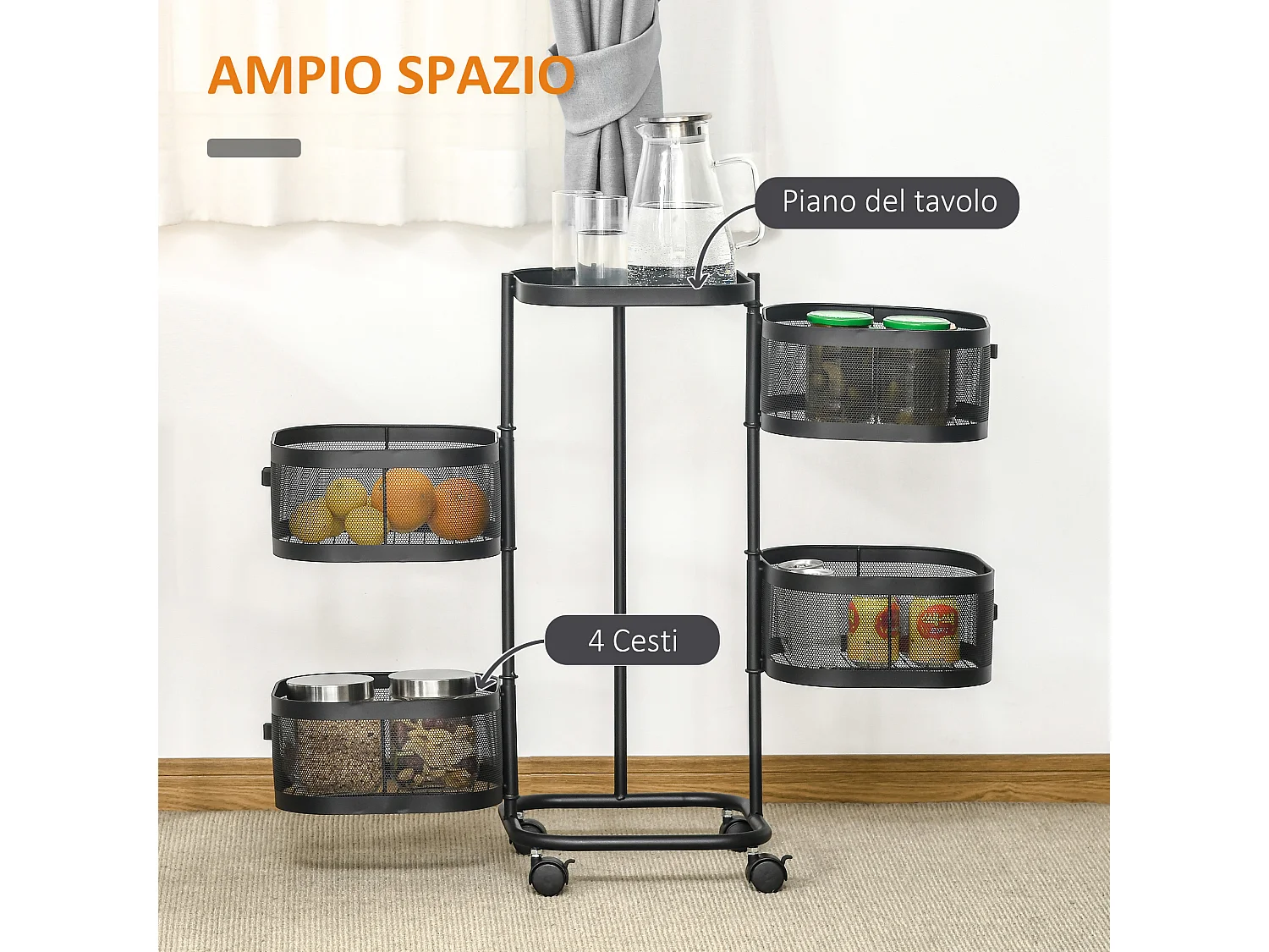 Carrello portavivande con 4 cestelli e piano d'appoggio nero