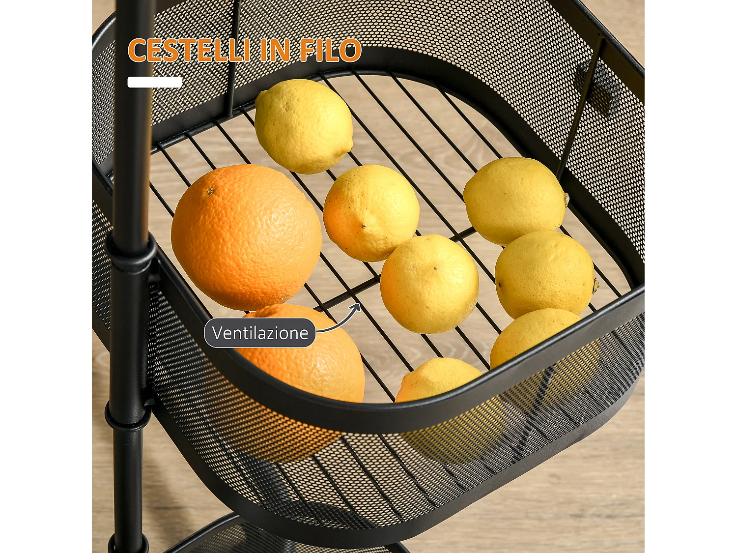 Carrello portavivande con 4 cestelli e piano d'appoggio nero