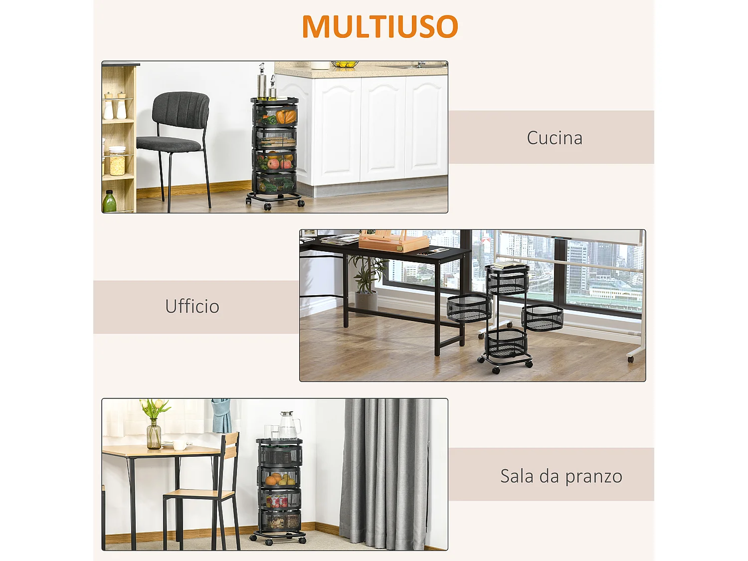 Carrello portavivande con 4 cestelli e piano d'appoggio nero