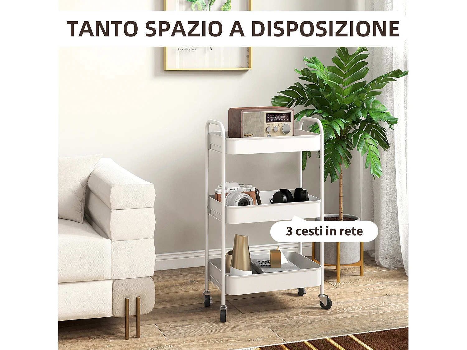 Carrello da cucina a 3 livelli in acciaio con maniglie bianco