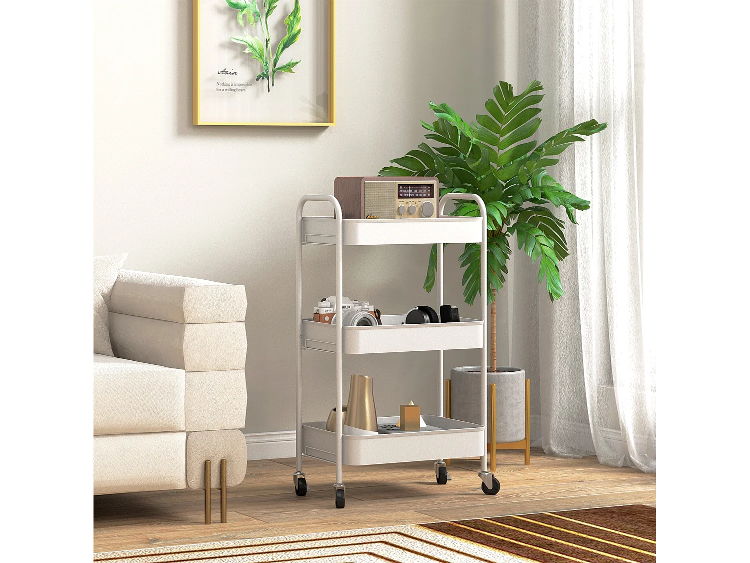 Carrello da cucina a 3 livelli in acciaio con maniglie bianco