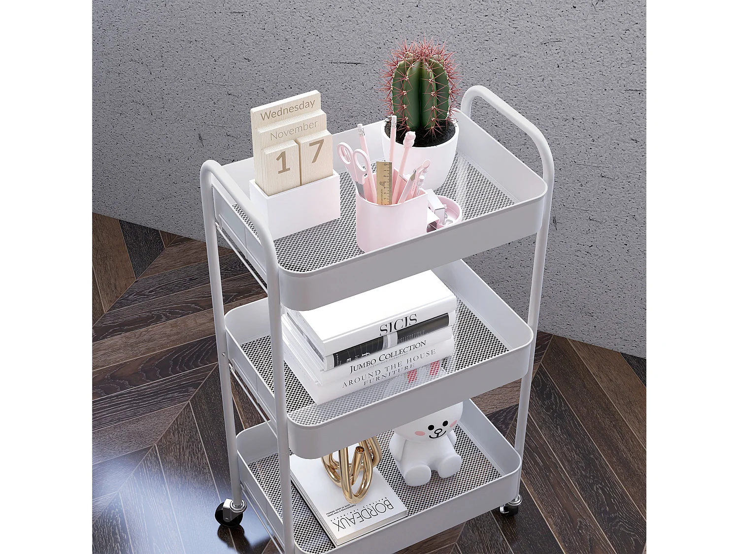 Carrello da cucina a 3 livelli in acciaio con maniglie bianco