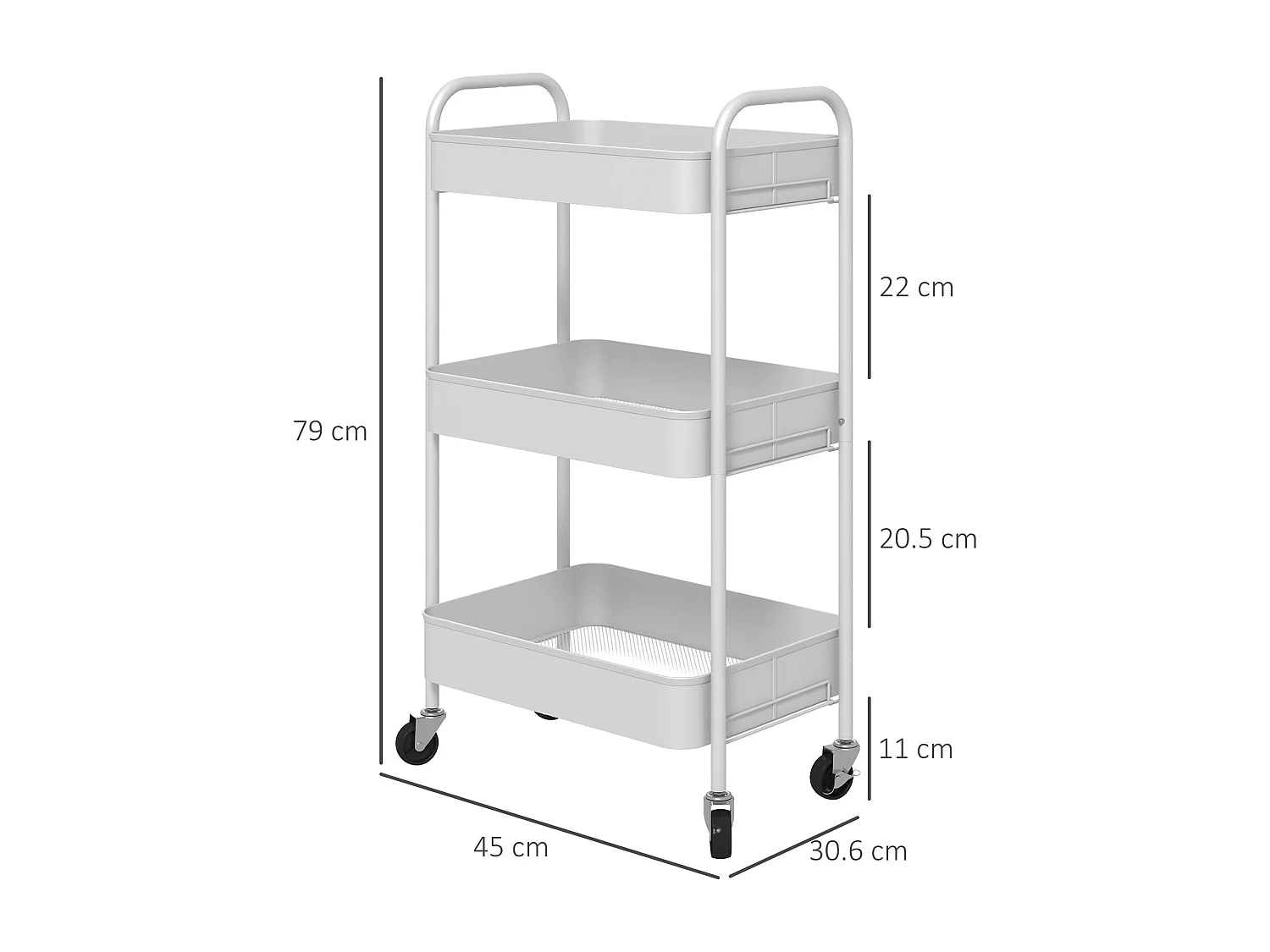 Carrello da cucina a 3 livelli in acciaio con maniglie bianco