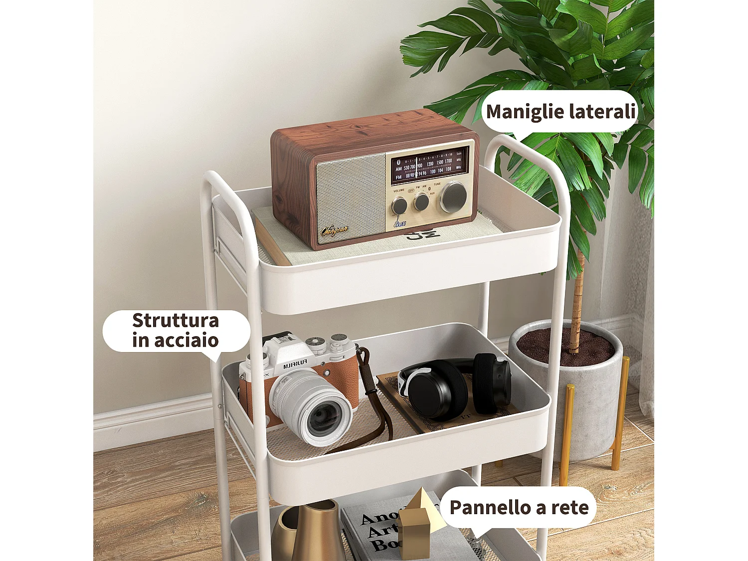 Carrello da cucina a 3 livelli in acciaio con maniglie bianco