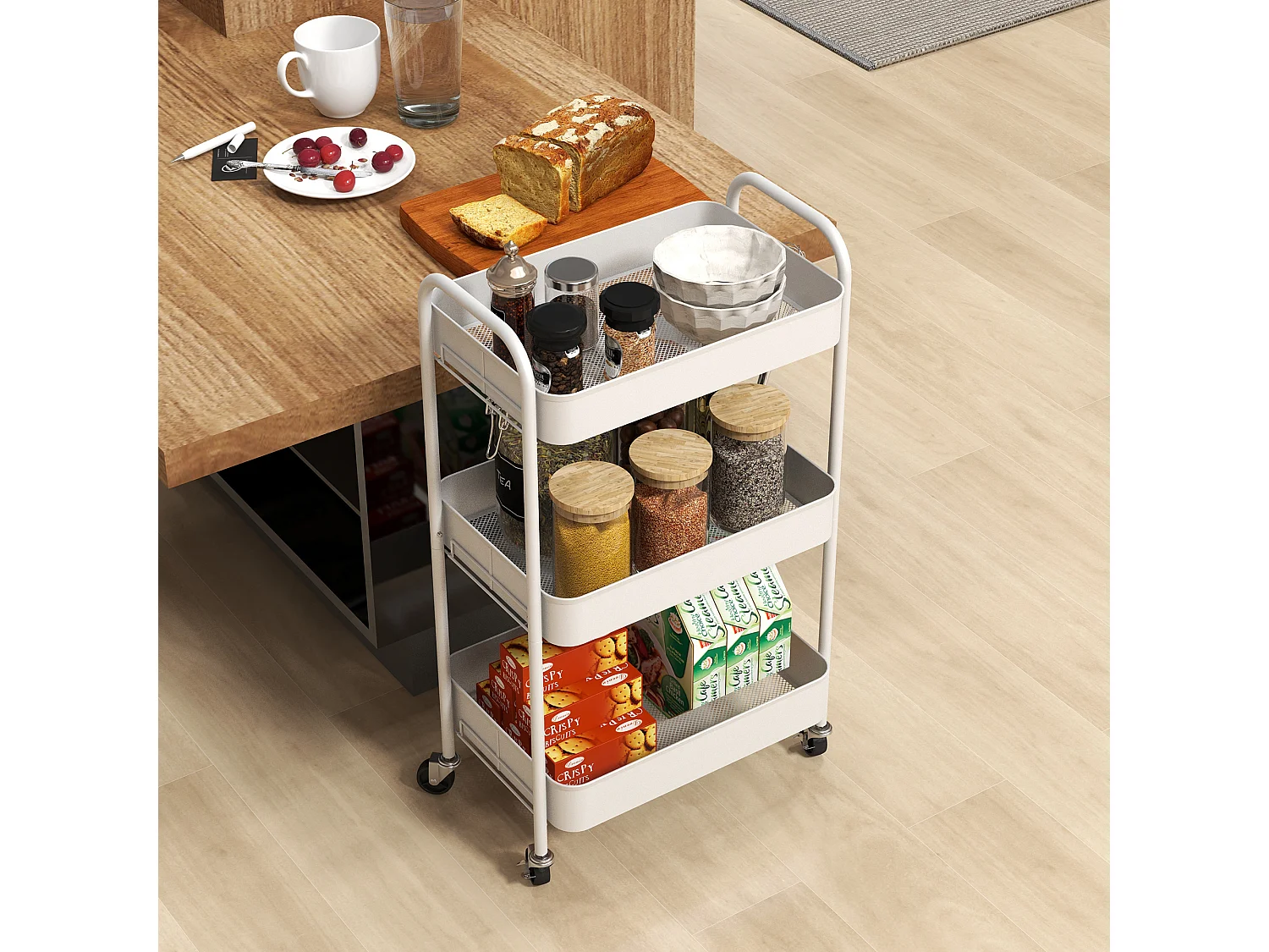 Carrello da cucina a 3 livelli in acciaio con maniglie bianco