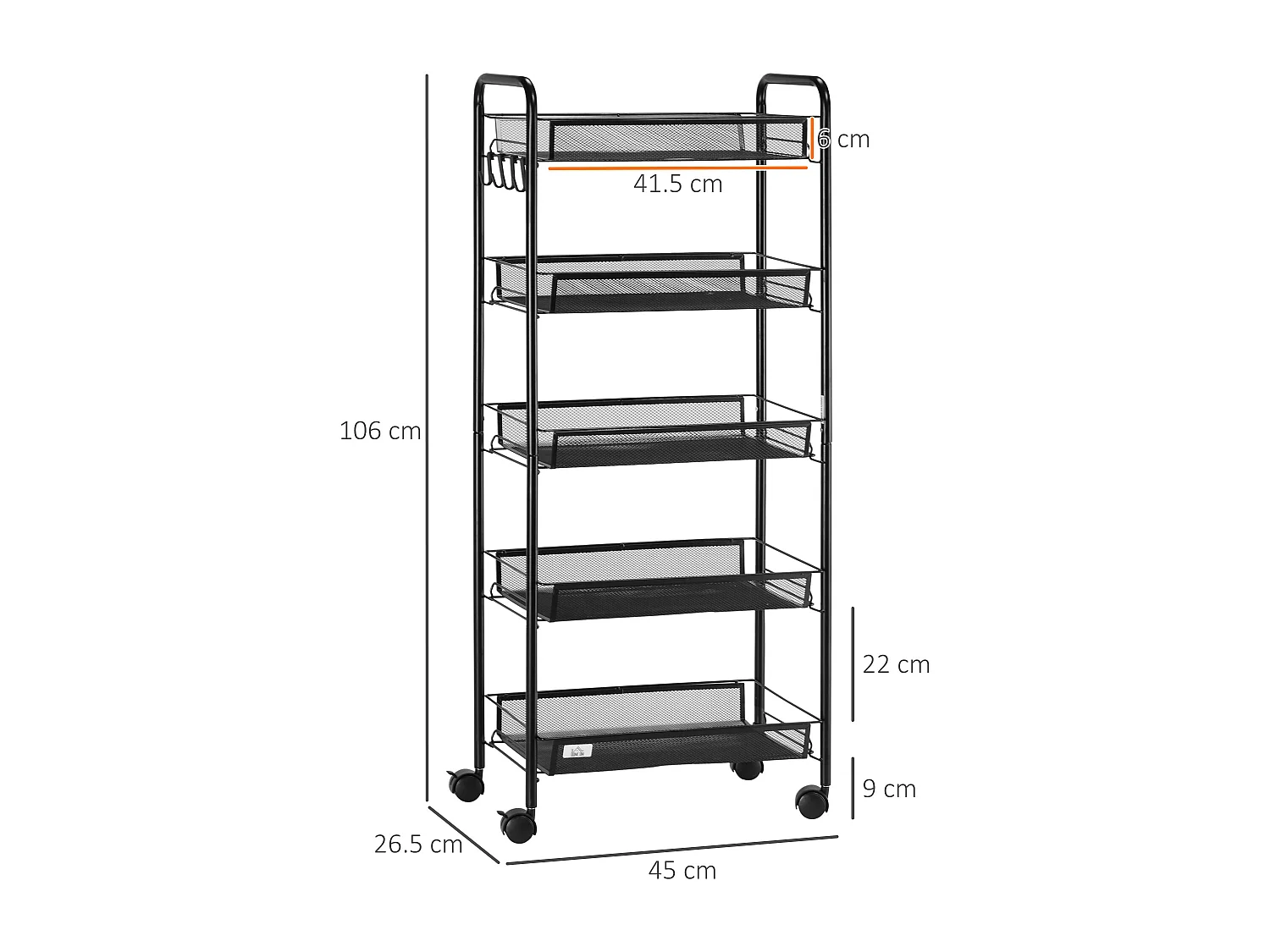 Carrello da cucina a 5 livelli con cestini a rete in acciaio