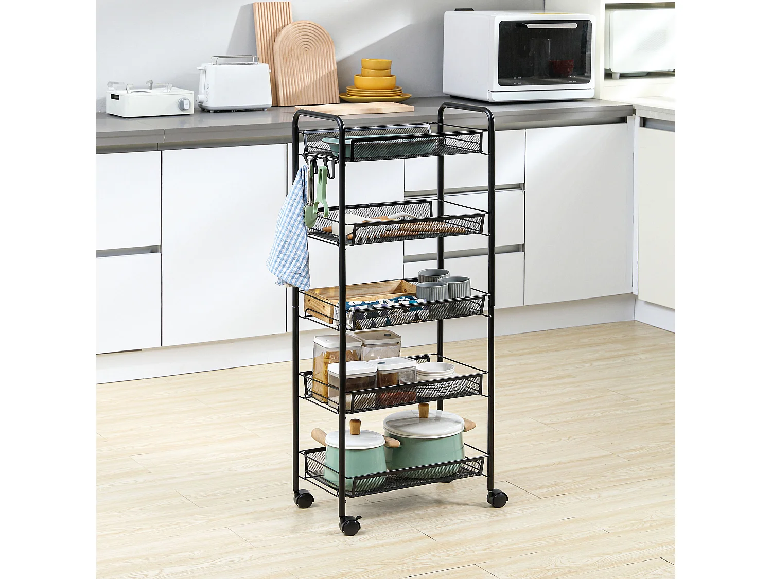 Carrello da cucina a 5 livelli con cestini a rete in acciaio