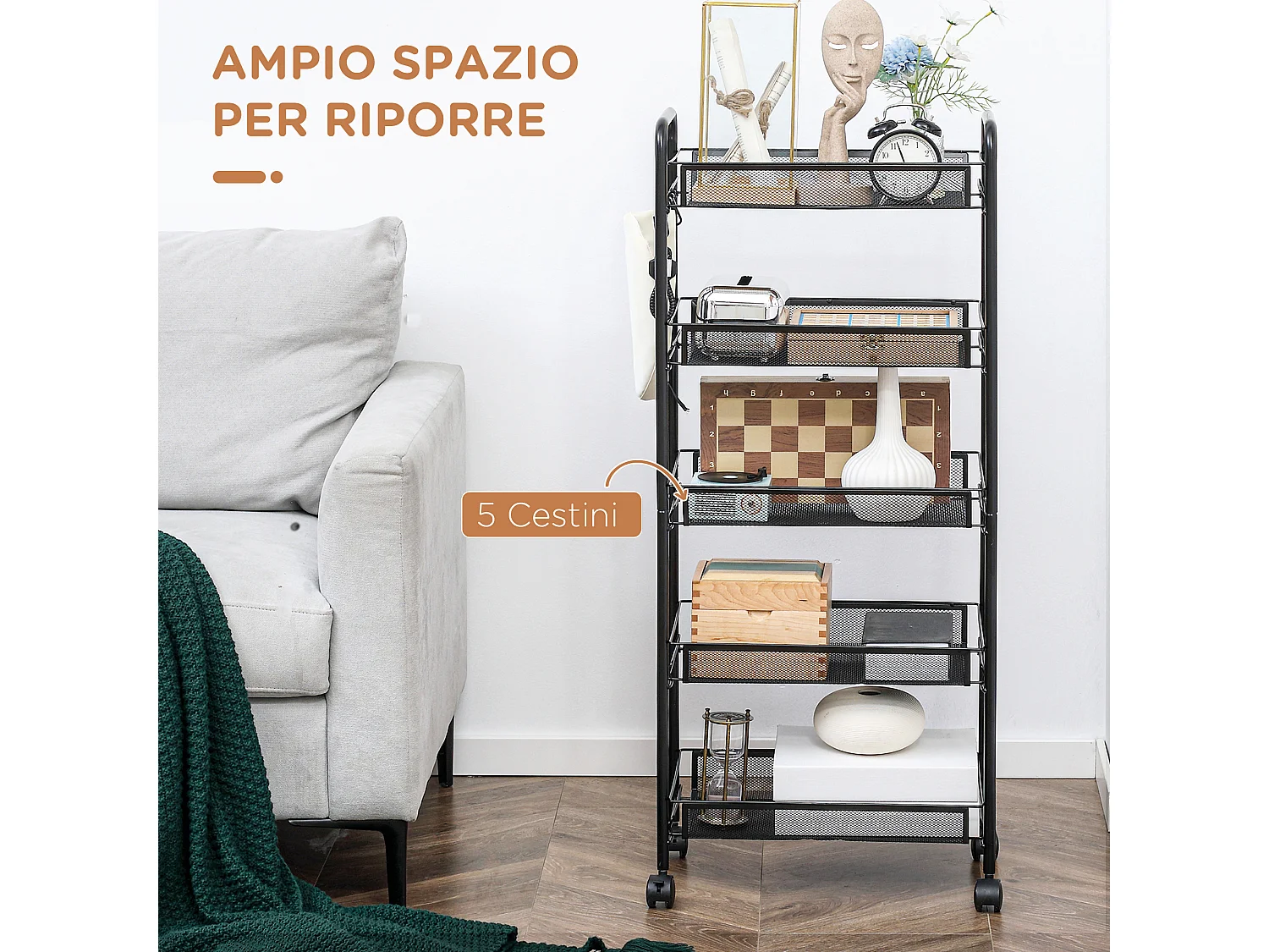 Carrello da cucina a 5 livelli con cestini a rete in acciaio