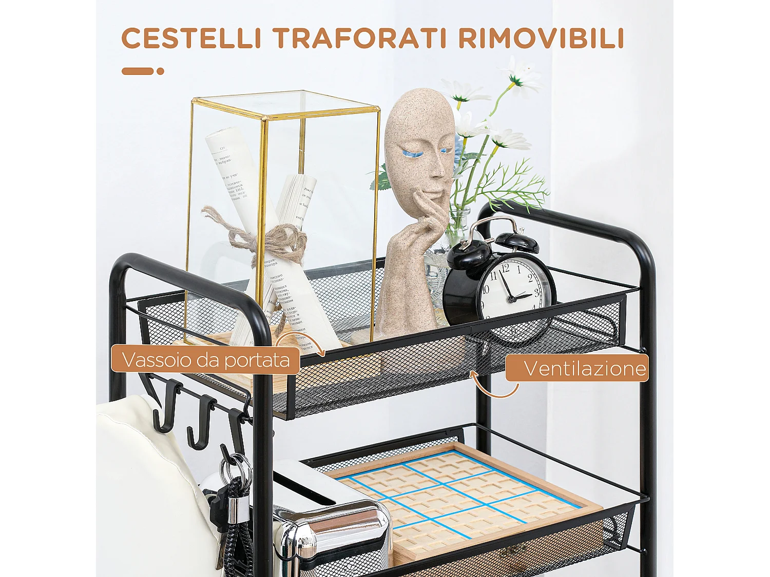 Carrello da cucina a 5 livelli con cestini a rete in acciaio