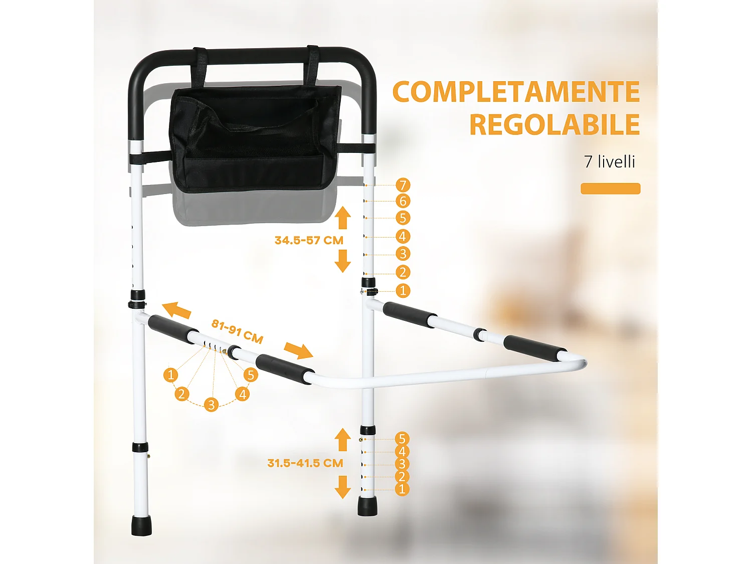 HOMCOM Maniglia per Letto Lunghezza e Altezza Regolabile in Acciaio