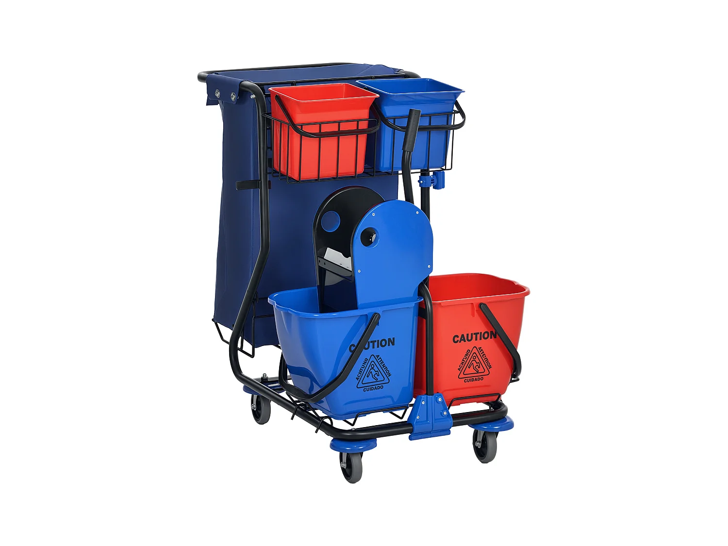 Carrello pulizie con sacco immondizia, 4 secchi e strizzatore mocio