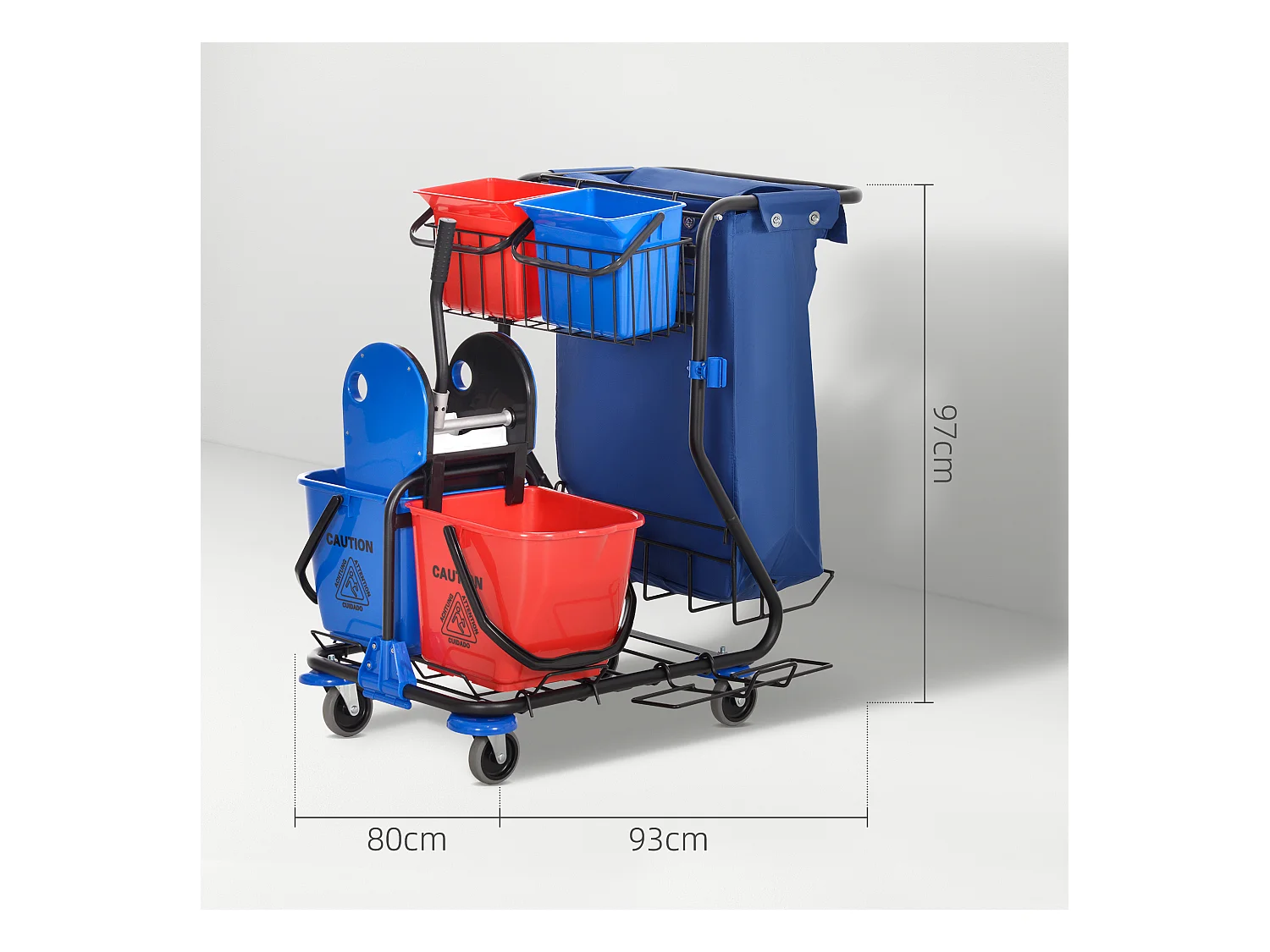 Carrello pulizie con sacco immondizia, 4 secchi e strizzatore mocio