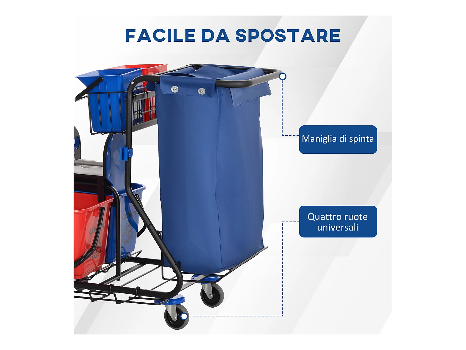 Carrello pulizie con sacco immondizia, 4 secchi e strizzatore mocio