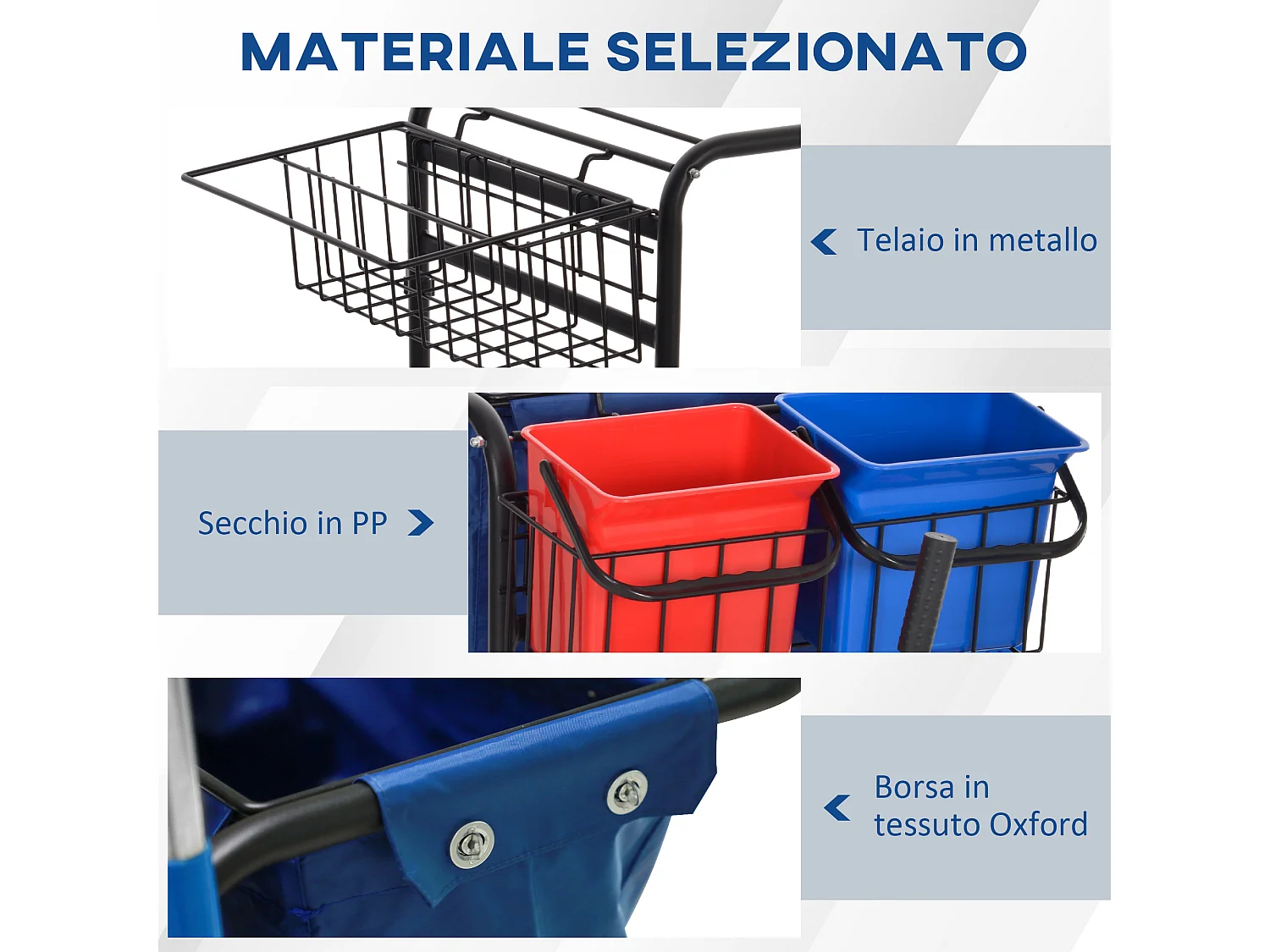 Carrello pulizie con sacco immondizia, 4 secchi e strizzatore mocio