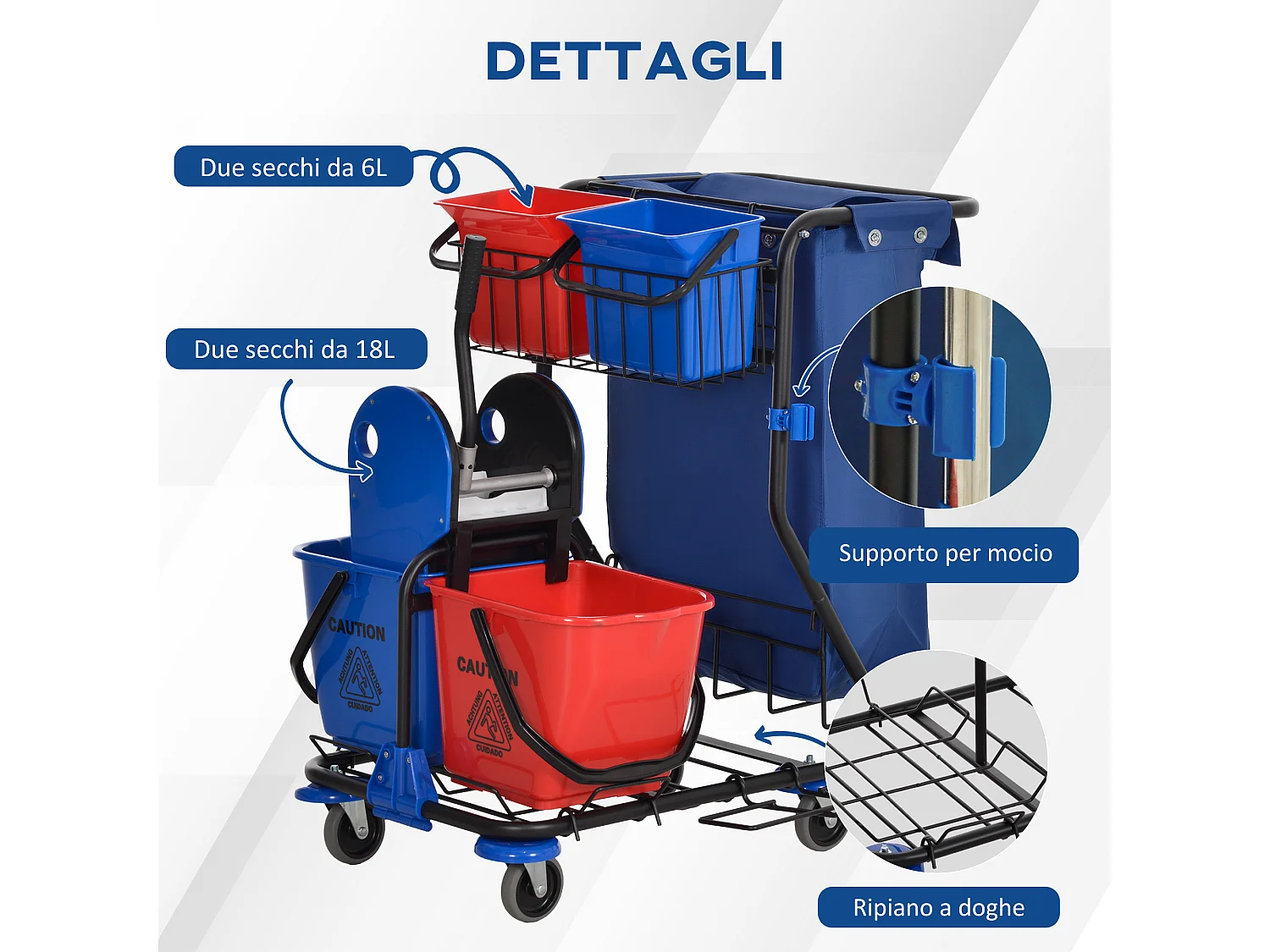 Carrello pulizie con sacco immondizia, 4 secchi e strizzatore mocio