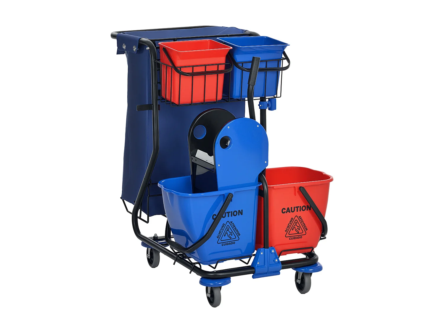 Carrello pulizie con sacco immondizia, 4 secchi e strizzatore mocio