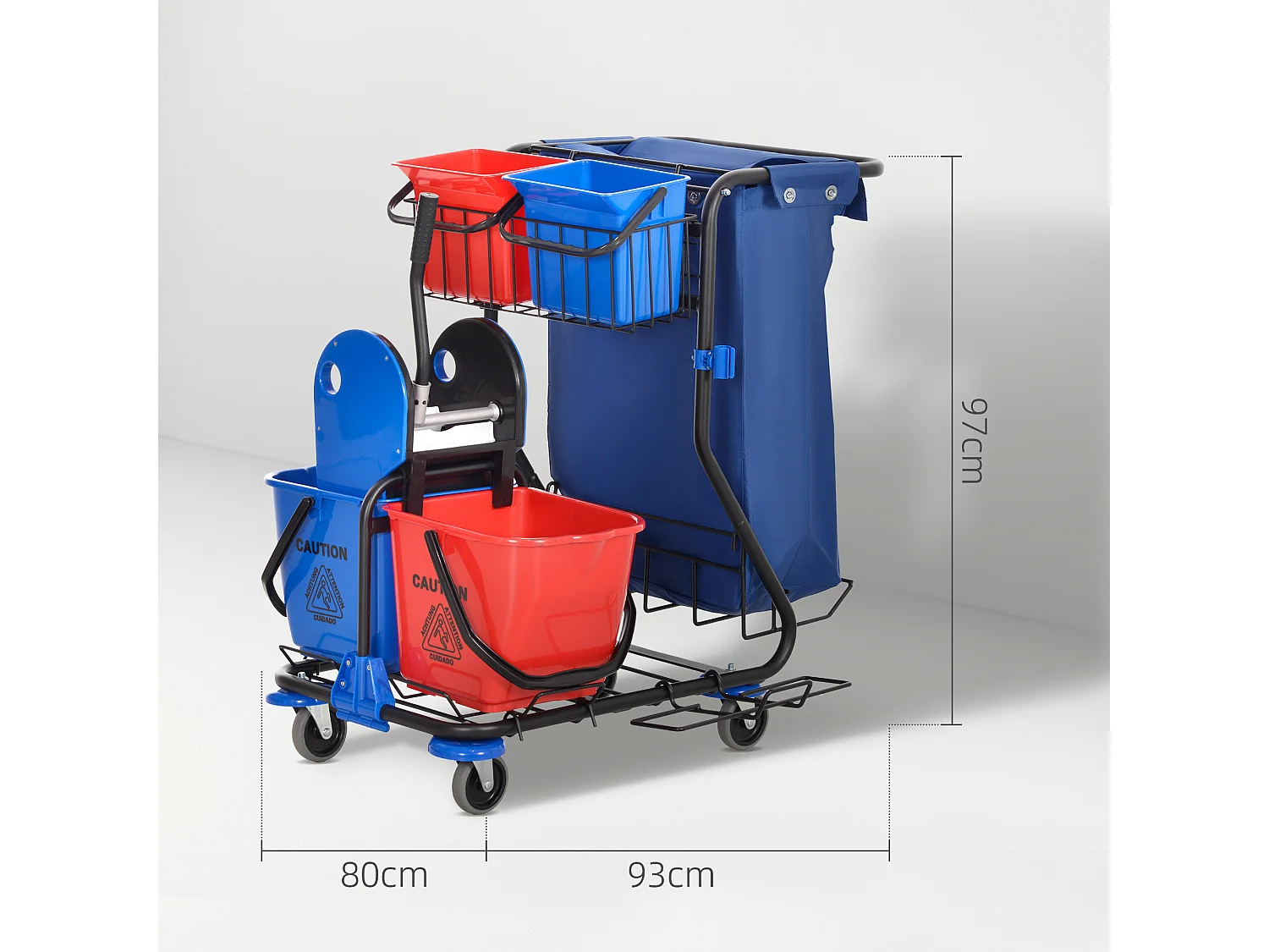 Carrello pulizie con sacco immondizia, 4 secchi e strizzatore mocio