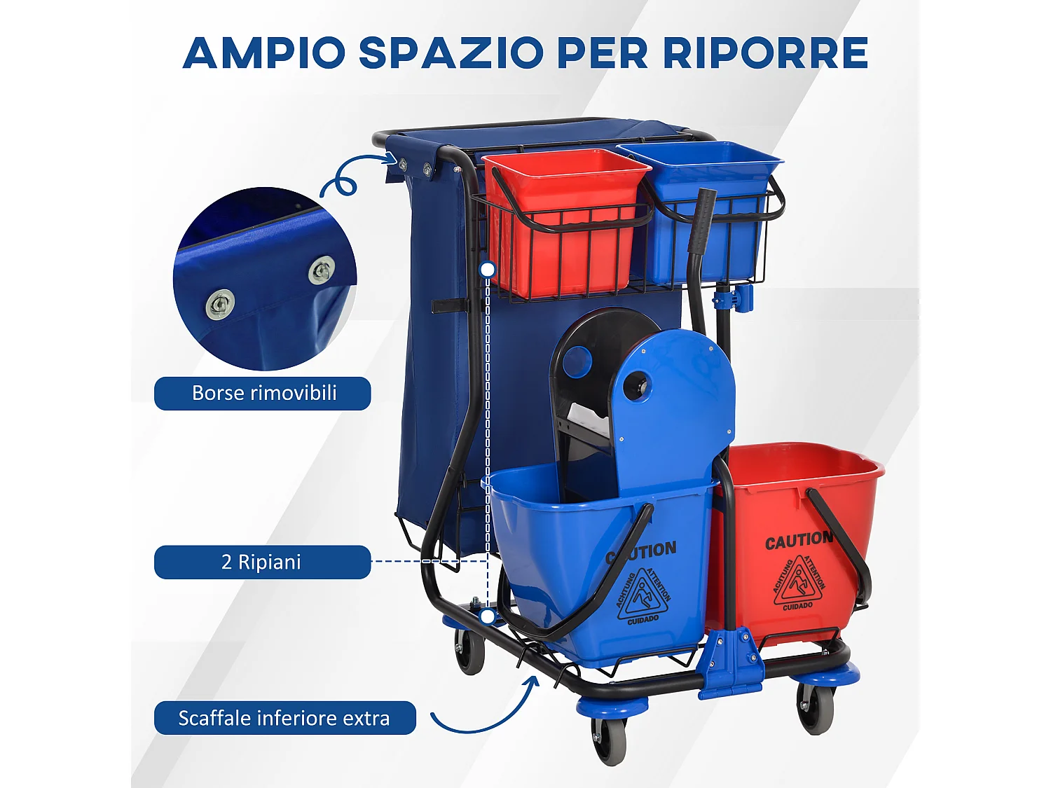 Carrello pulizie con sacco immondizia, 4 secchi e strizzatore mocio
