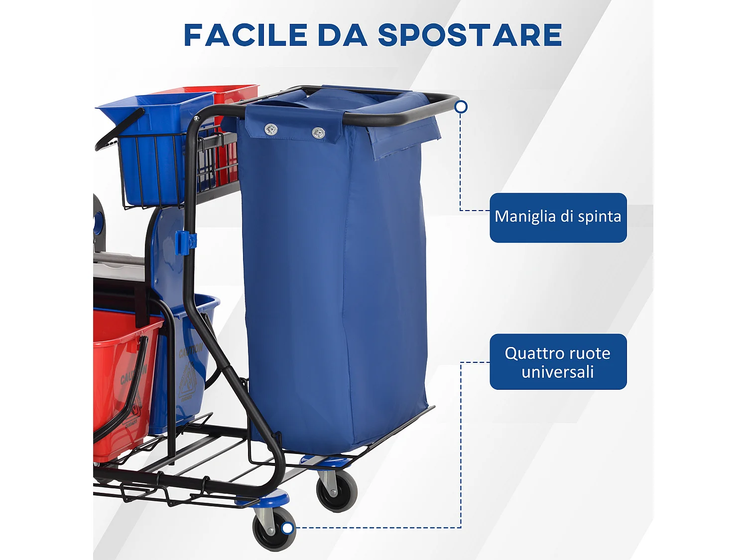 Carrello pulizie con sacco immondizia, 4 secchi e strizzatore mocio