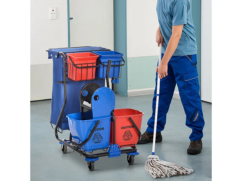 Carrello pulizie con sacco immondizia, 4 secchi e strizzatore mocio