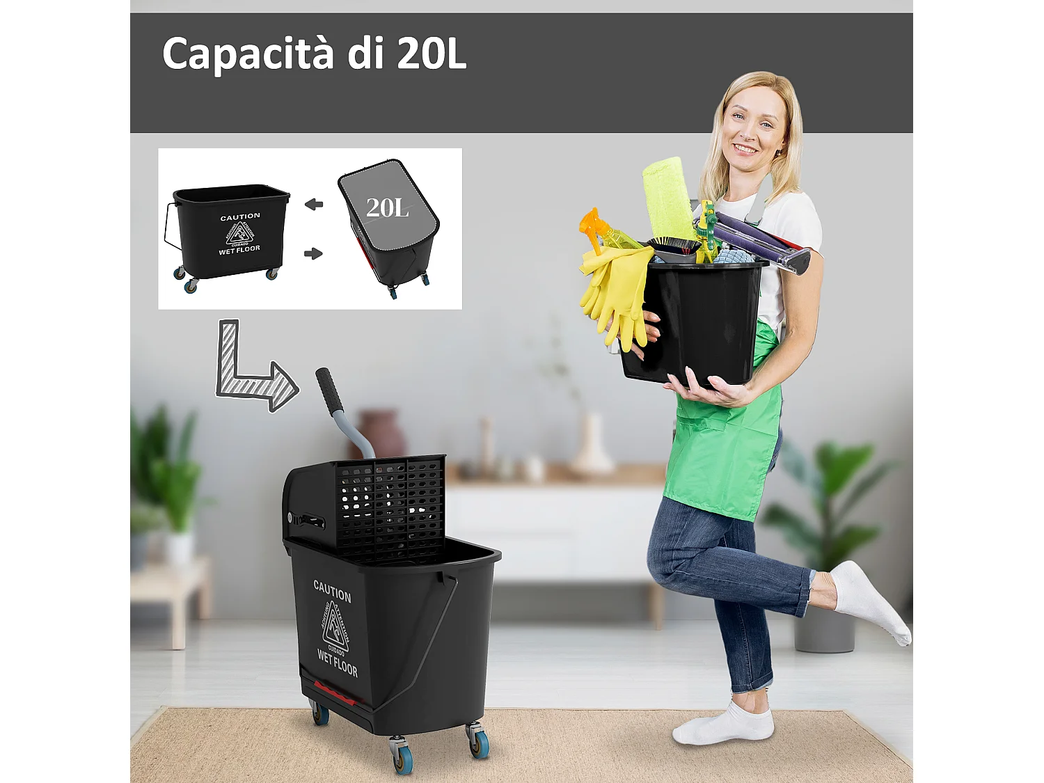 Carrello per pulizie da 20L con specchio e strizzatore in pp nero