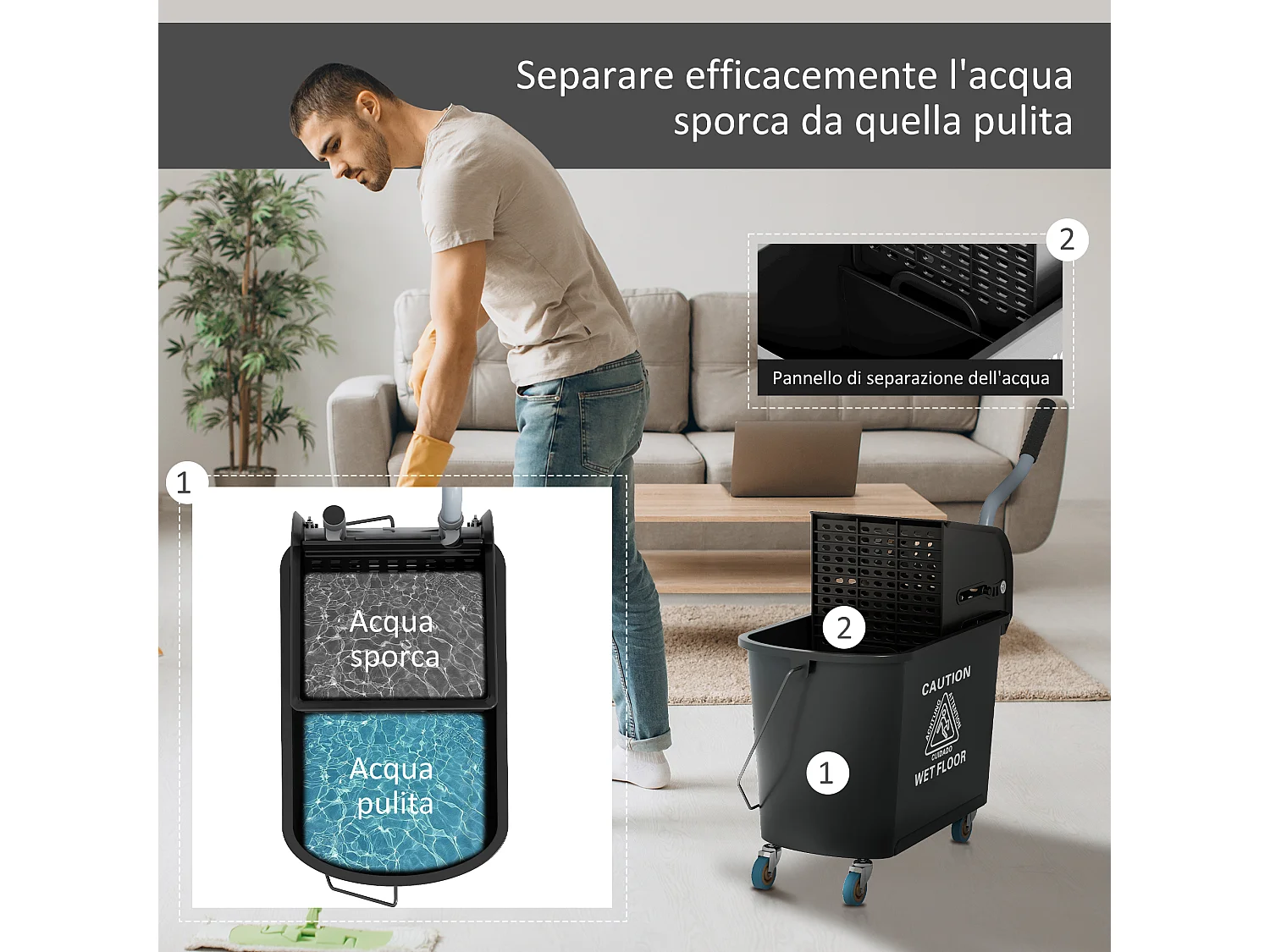 Carrello per pulizie da 20L con specchio e strizzatore in pp nero