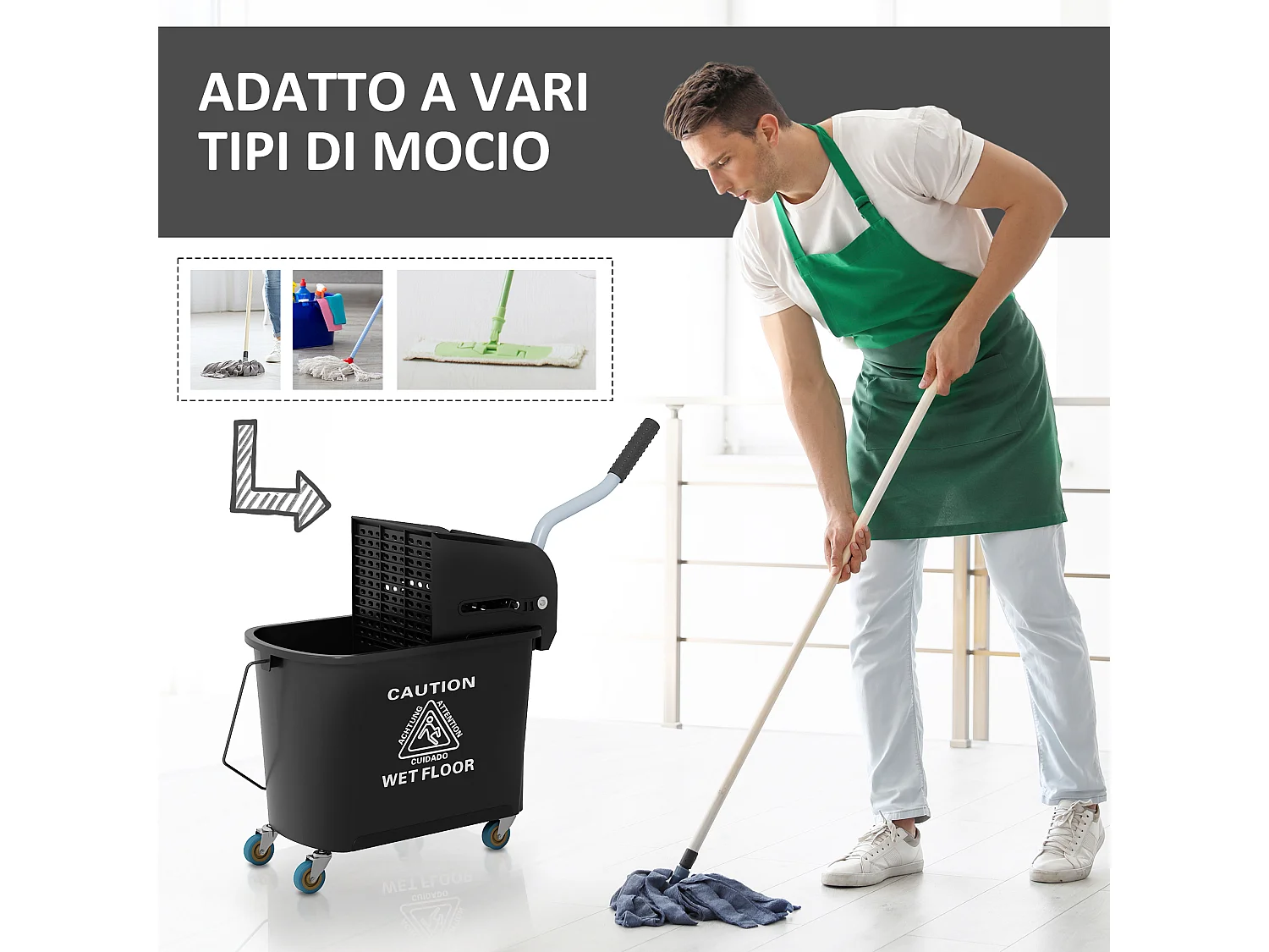 Carrello per pulizie da 20L con specchio e strizzatore in pp nero