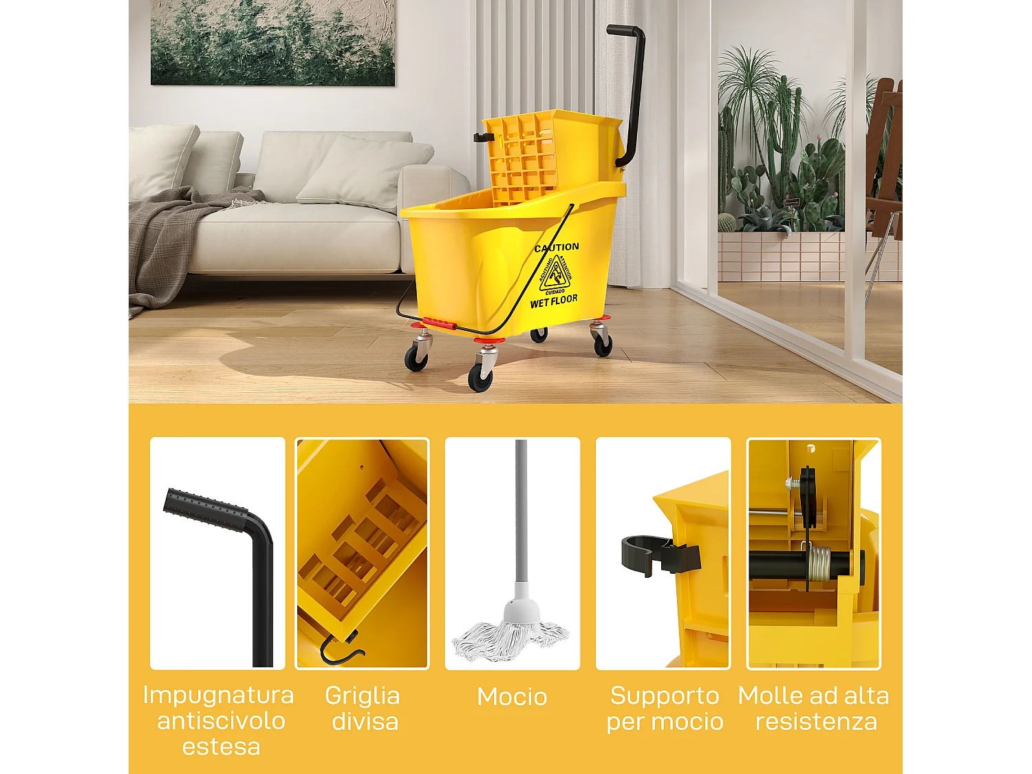 Secchio lavapavimenti 36 litri con mocio e strizzatore giallo