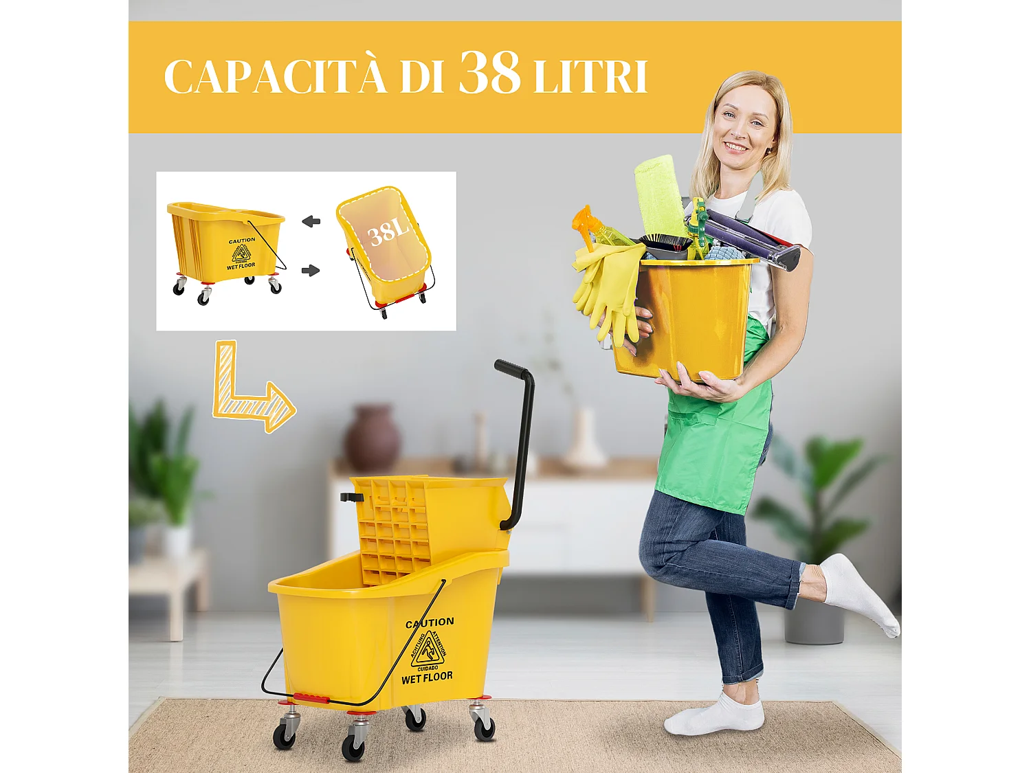 Secchio lavapavimenti 36 litri con mocio e strizzatore giallo