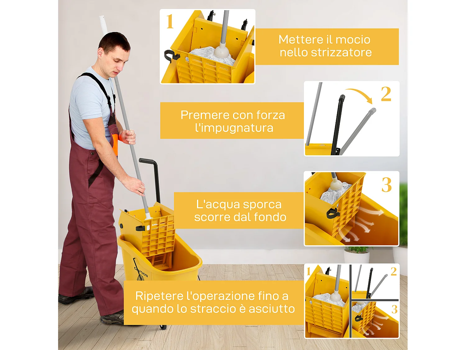 Secchio lavapavimenti 36 litri con mocio e strizzatore giallo