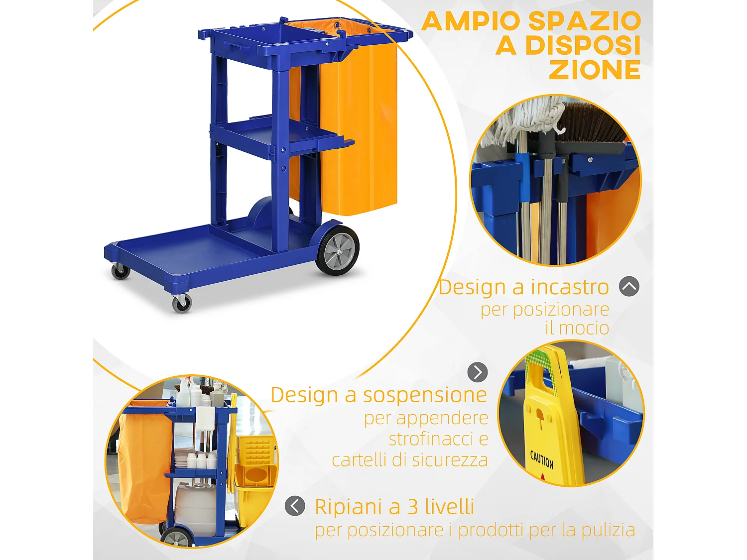 Carrello pulizie a 3 ripiani con ganci e sacco 100l blu giallo grigio