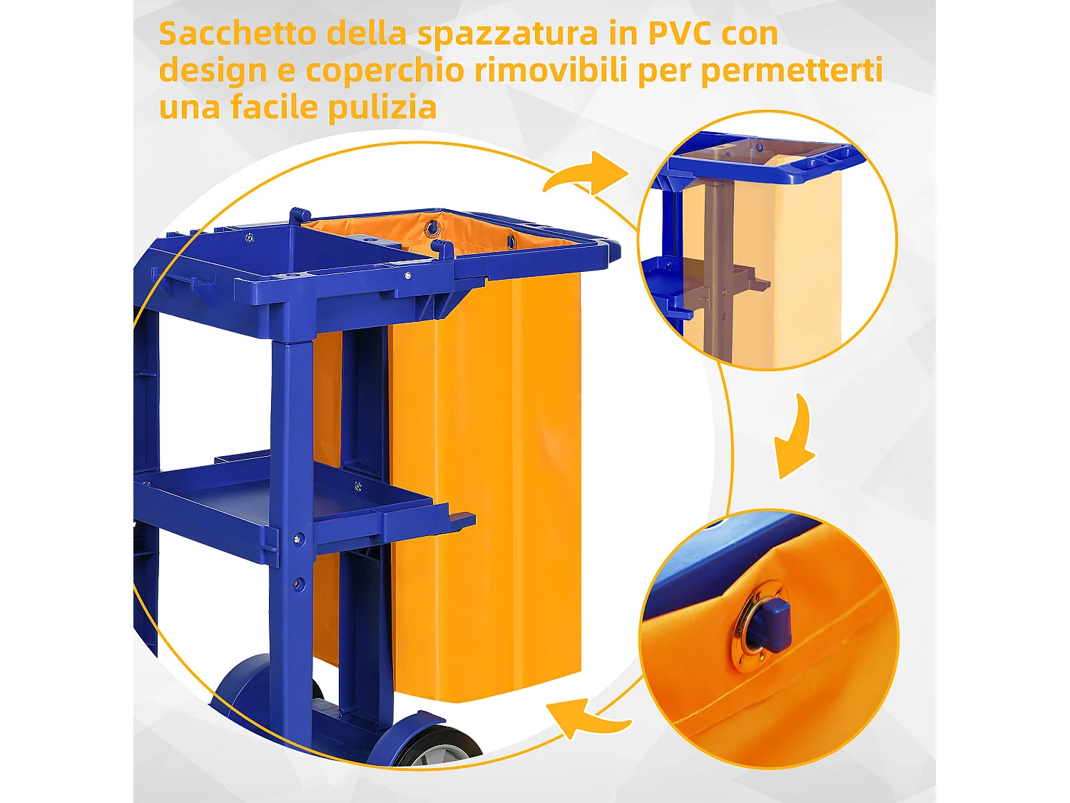 Carrello pulizie a 3 ripiani con ganci e sacco 100l blu giallo grigio