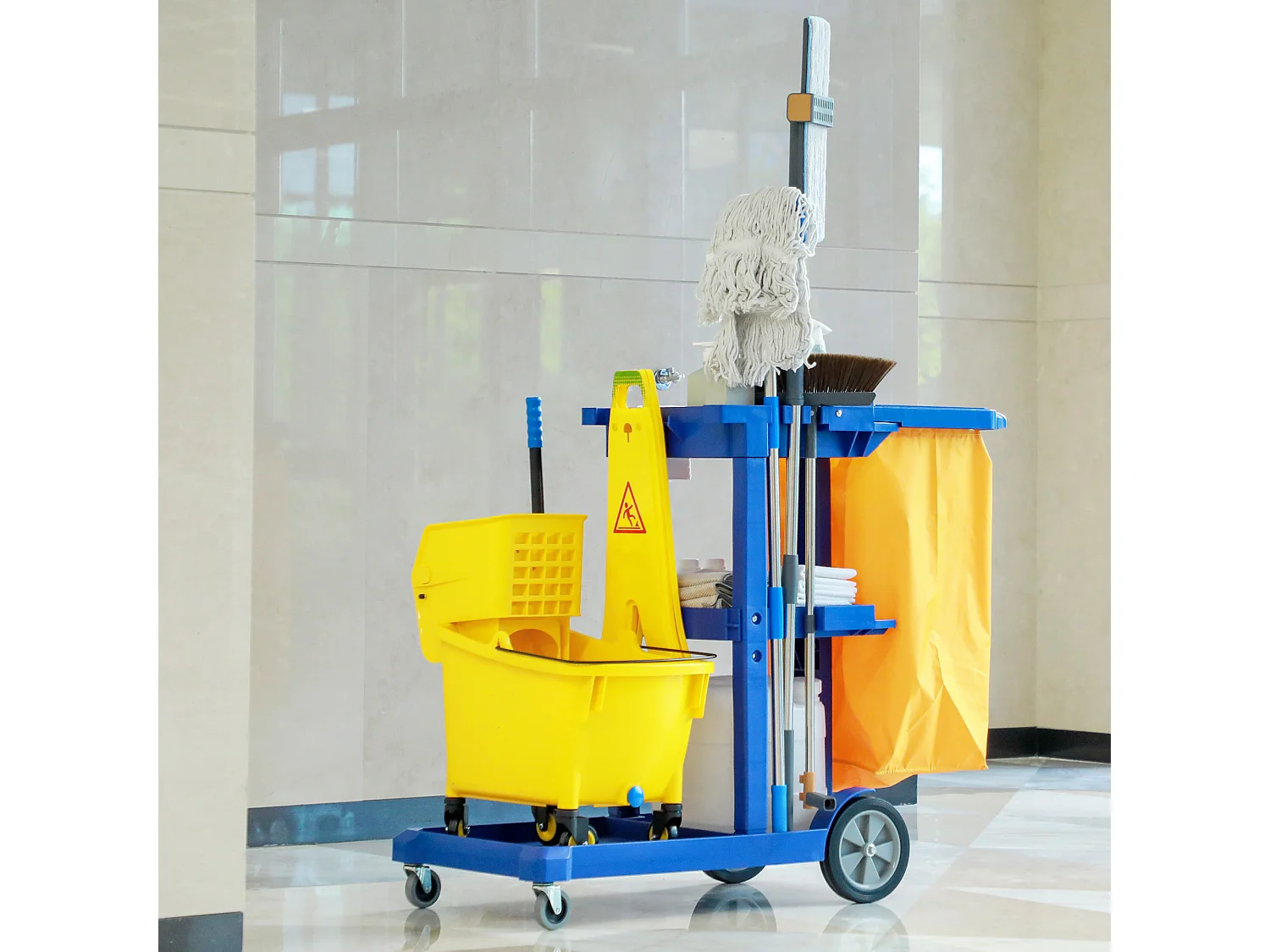 Carrello pulizie a 3 ripiani con ganci e sacco 100l blu giallo grigio