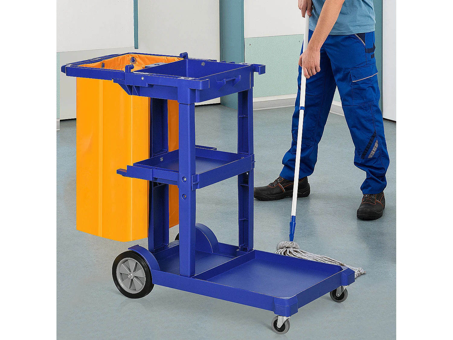 Carrello pulizie a 3 ripiani con ganci e sacco 100l blu giallo grigio