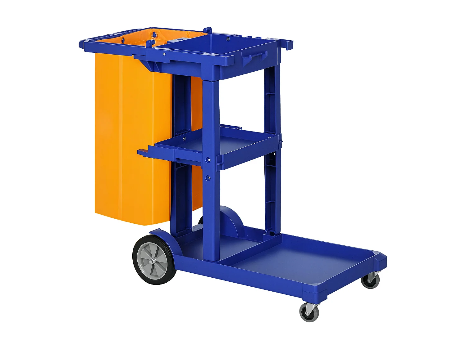 Carrello pulizie a 3 ripiani con ganci e sacco 100l blu giallo grigio