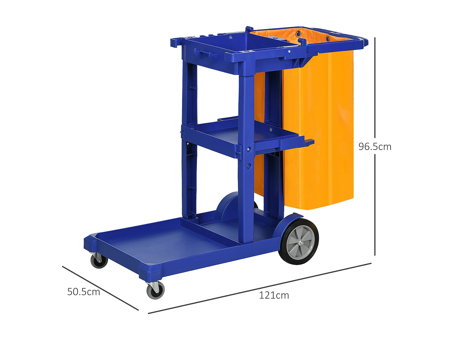 Carrello pulizie a 3 ripiani con ganci e sacco 100l blu giallo grigio