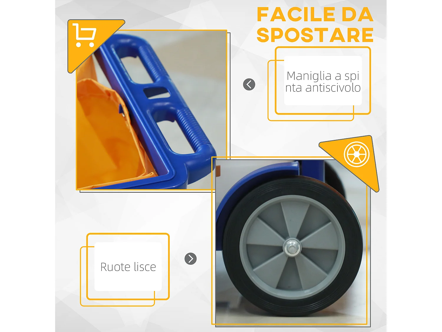 Carrello pulizie a 3 ripiani con ganci e sacco 100l blu giallo grigio