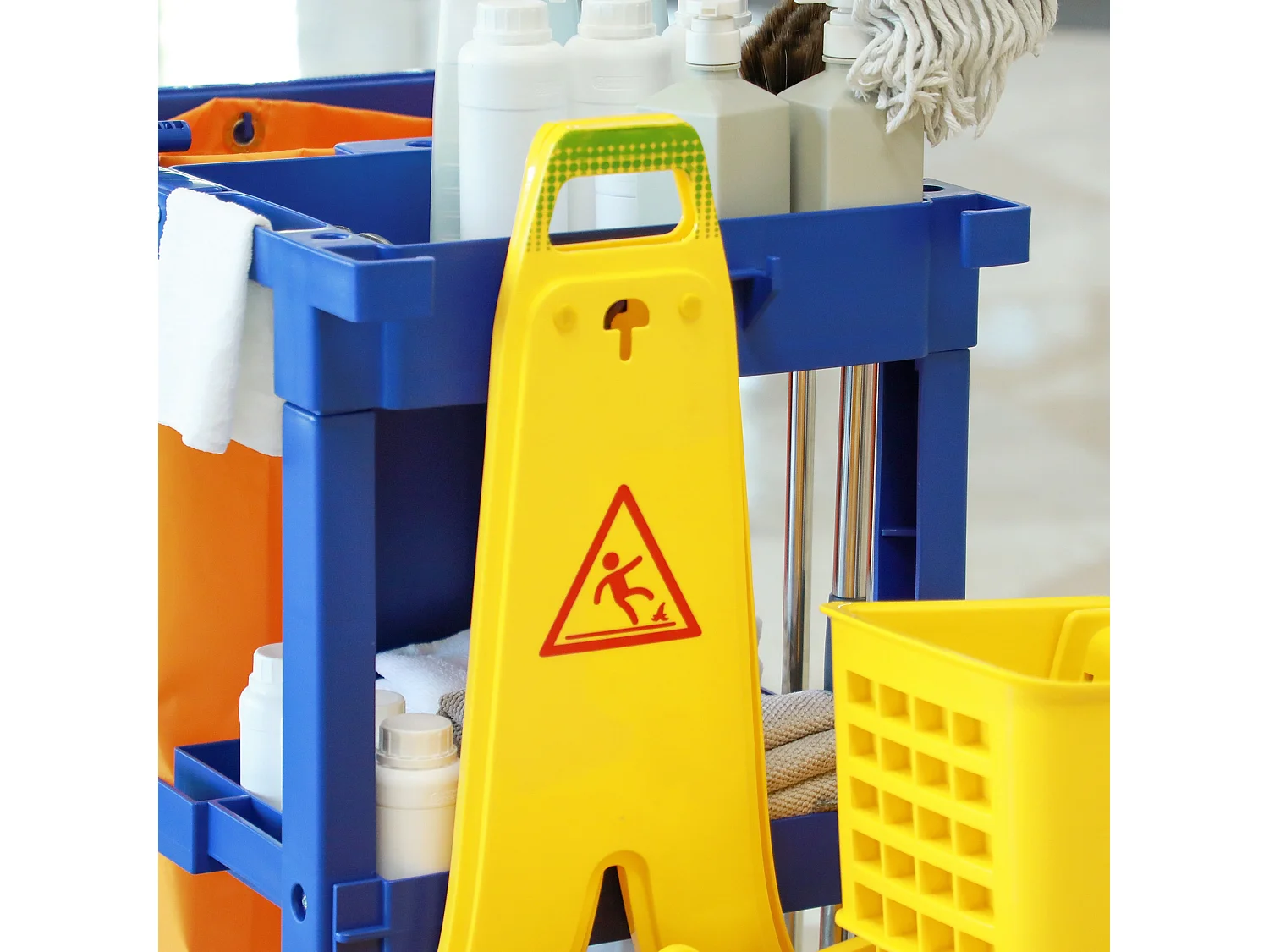 Carrello pulizie a 3 ripiani con ganci e sacco 100l blu giallo grigio