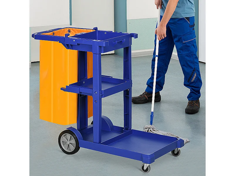 Carrello pulizie a 3 ripiani con ganci e sacco 100l blu giallo grigio