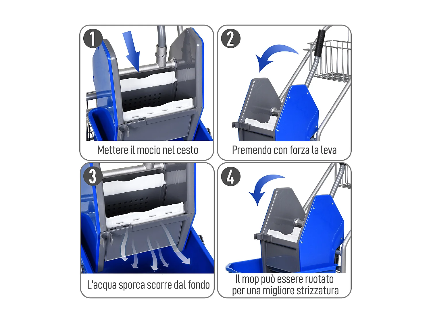 Carrello pulizie con secchio 26 litri con strizzatore e cestini blu