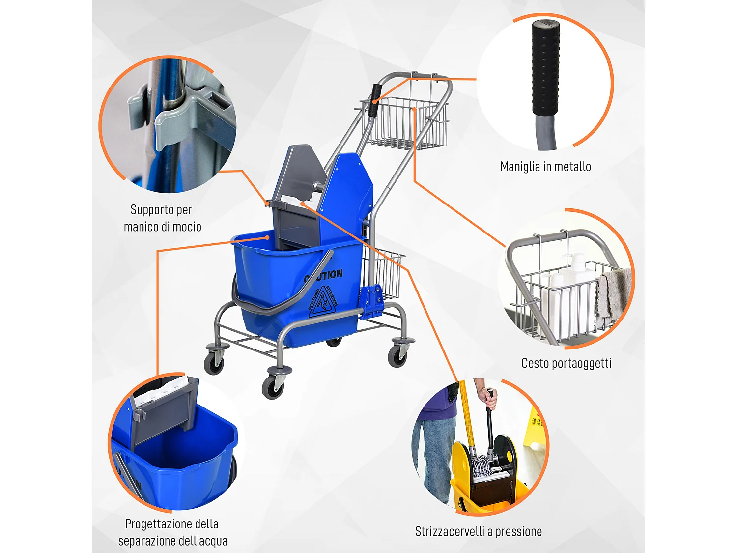Carrello pulizie con secchio 26 litri con strizzatore e cestini blu