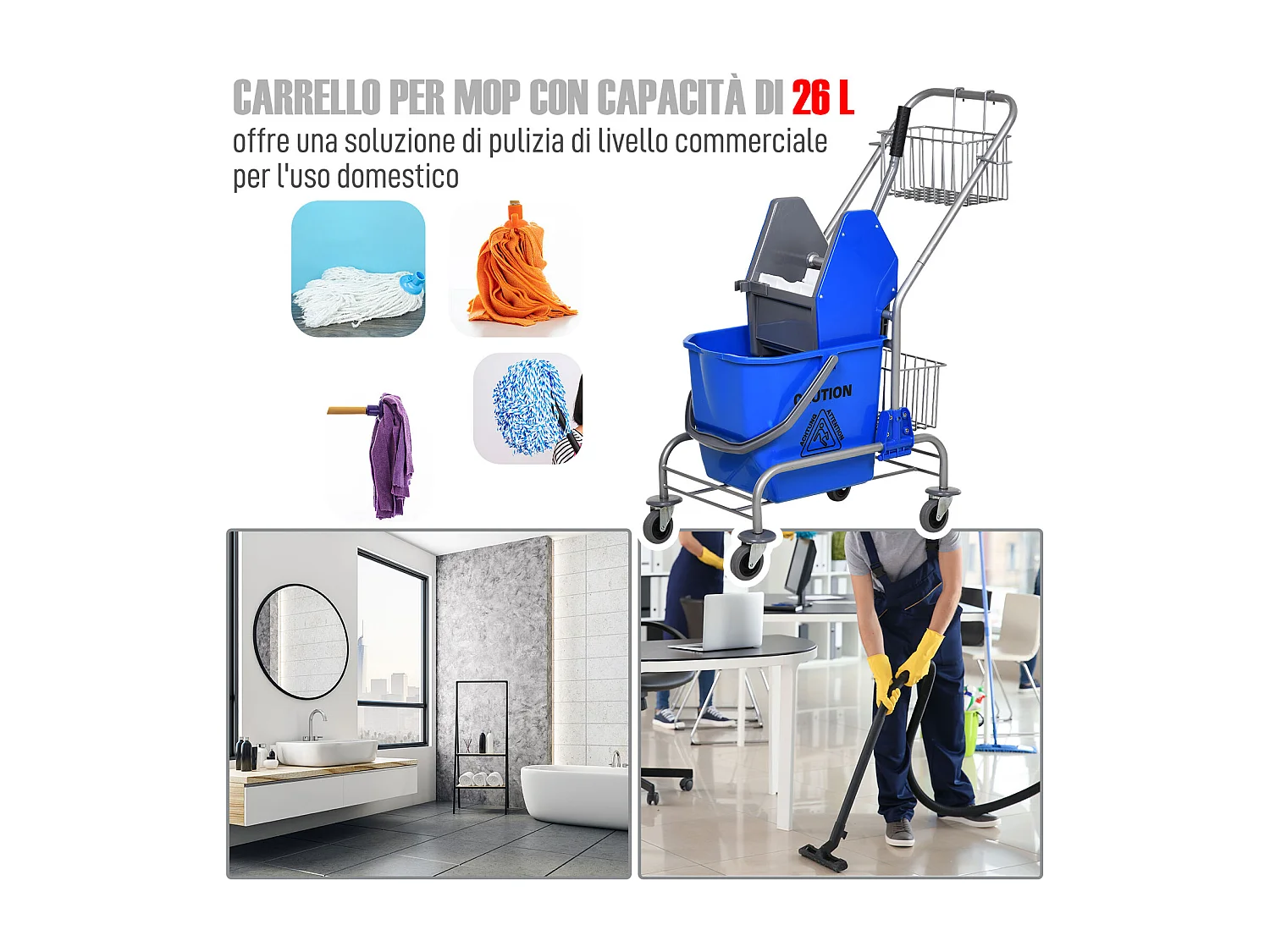 Carrello pulizie con secchio 26 litri con strizzatore e cestini blu
