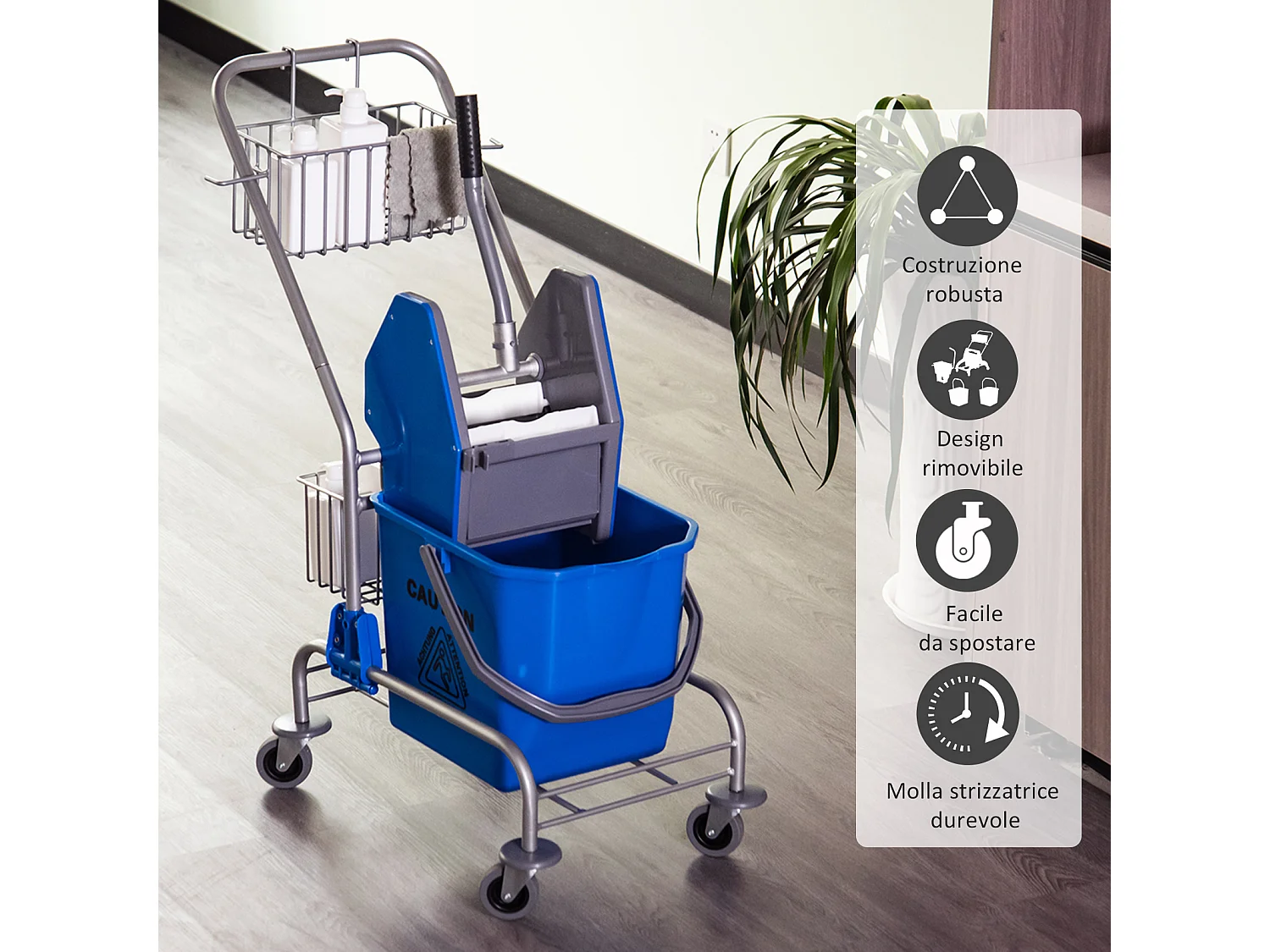 Carrello pulizie con secchio 26 litri con strizzatore e cestini blu