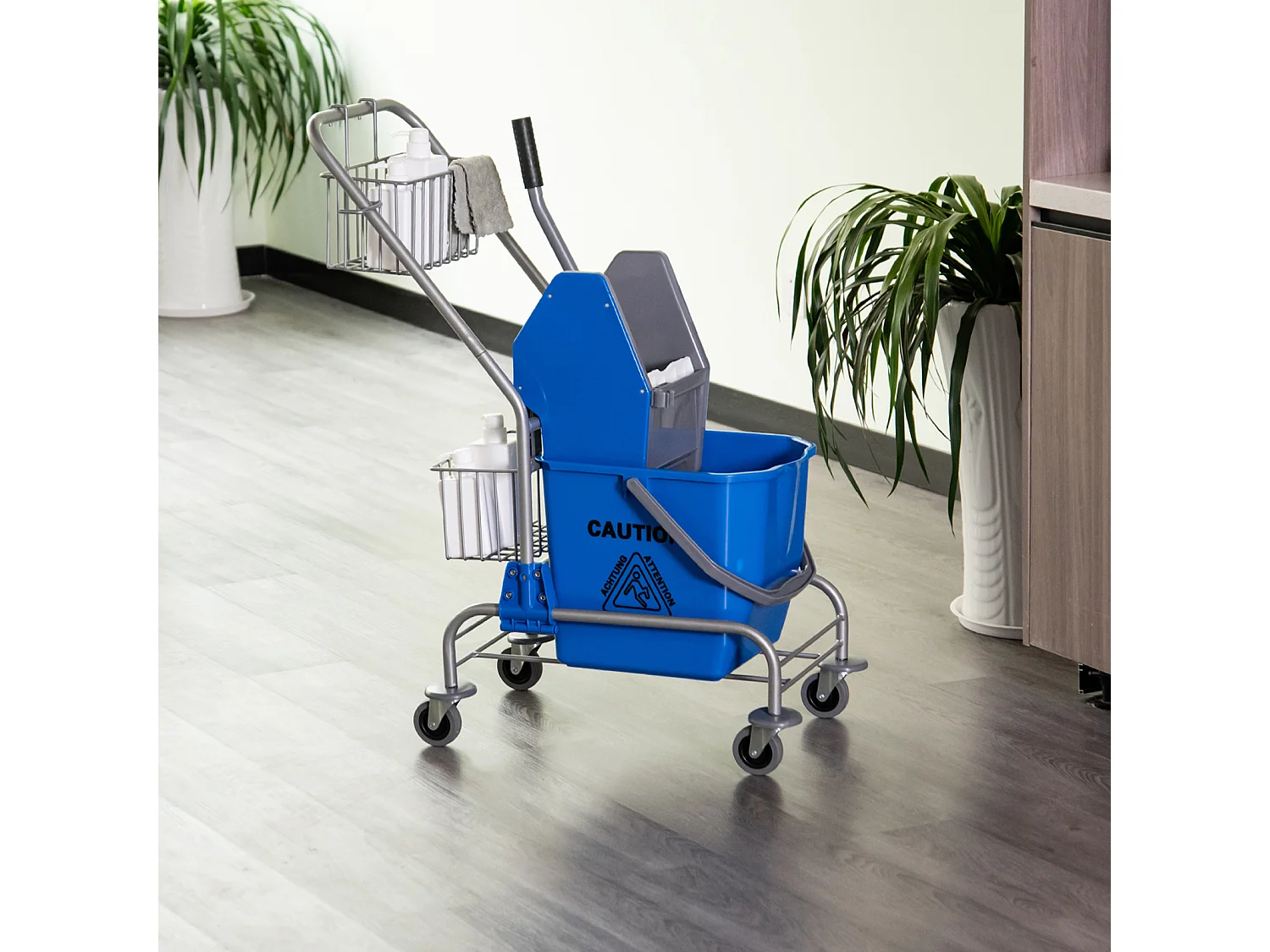 Carrello pulizie con secchio 26 litri con strizzatore e cestini blu