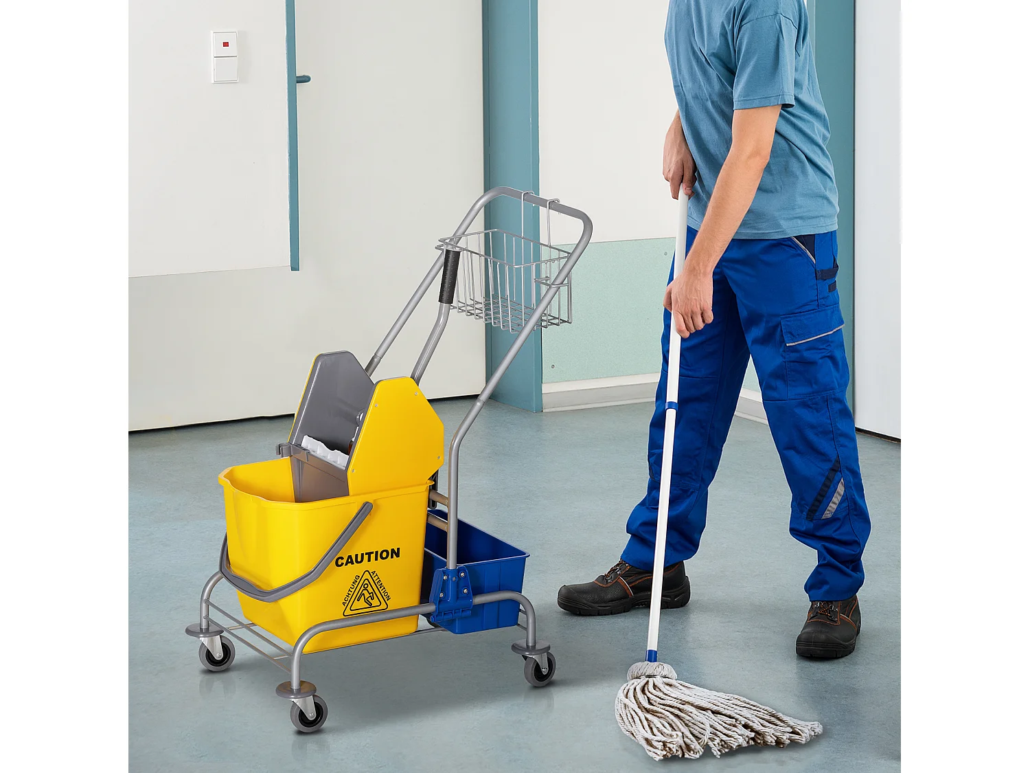 Carrello pulizie con strizzatore secchio da 25l e ripiano in plastica