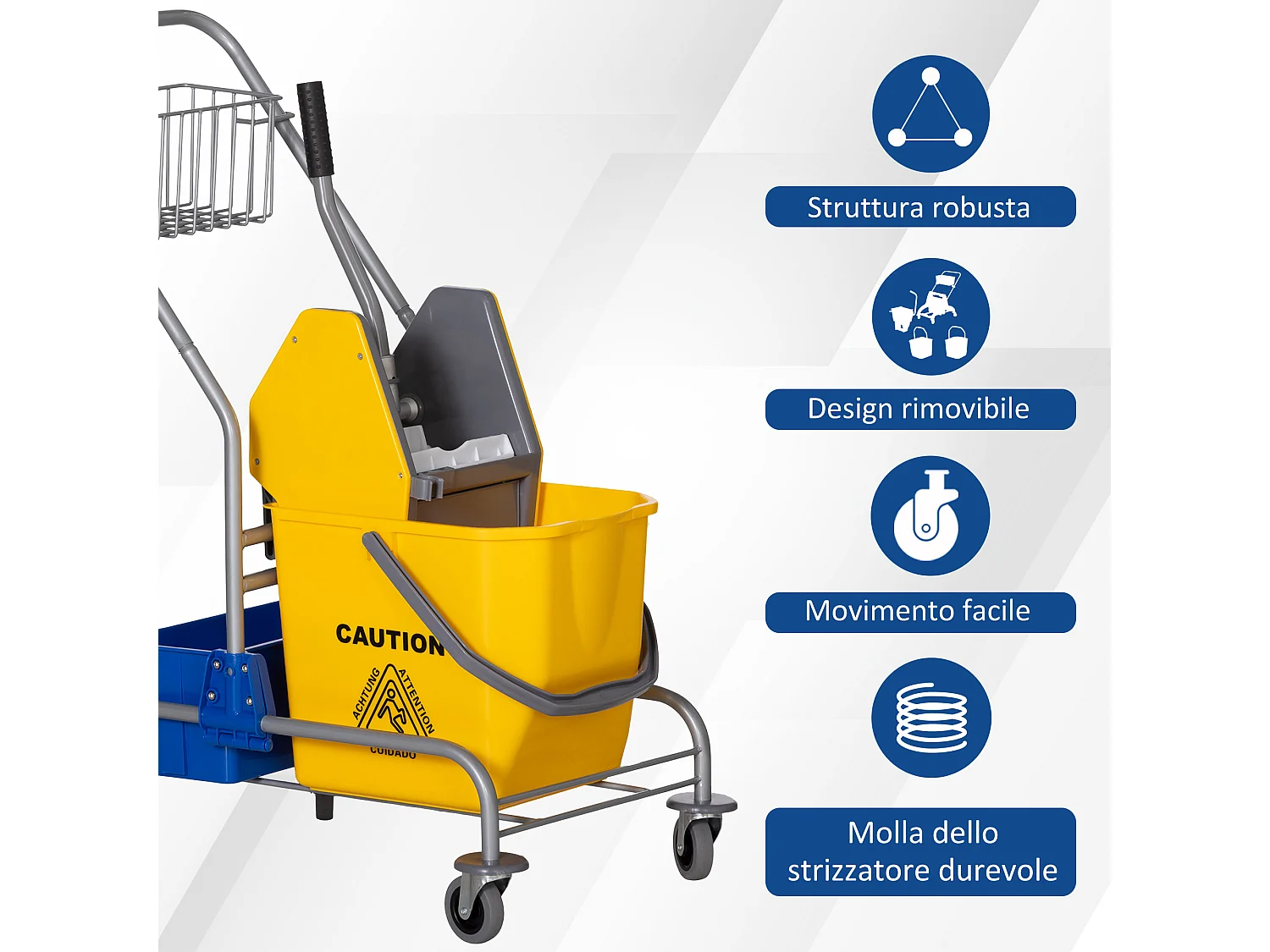 Carrello pulizie con strizzatore secchio da 25l e ripiano in plastica