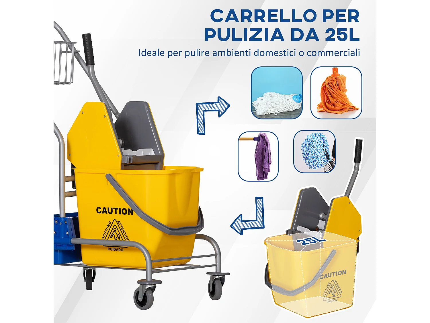 Carrello pulizie con strizzatore secchio da 25l e ripiano in plastica