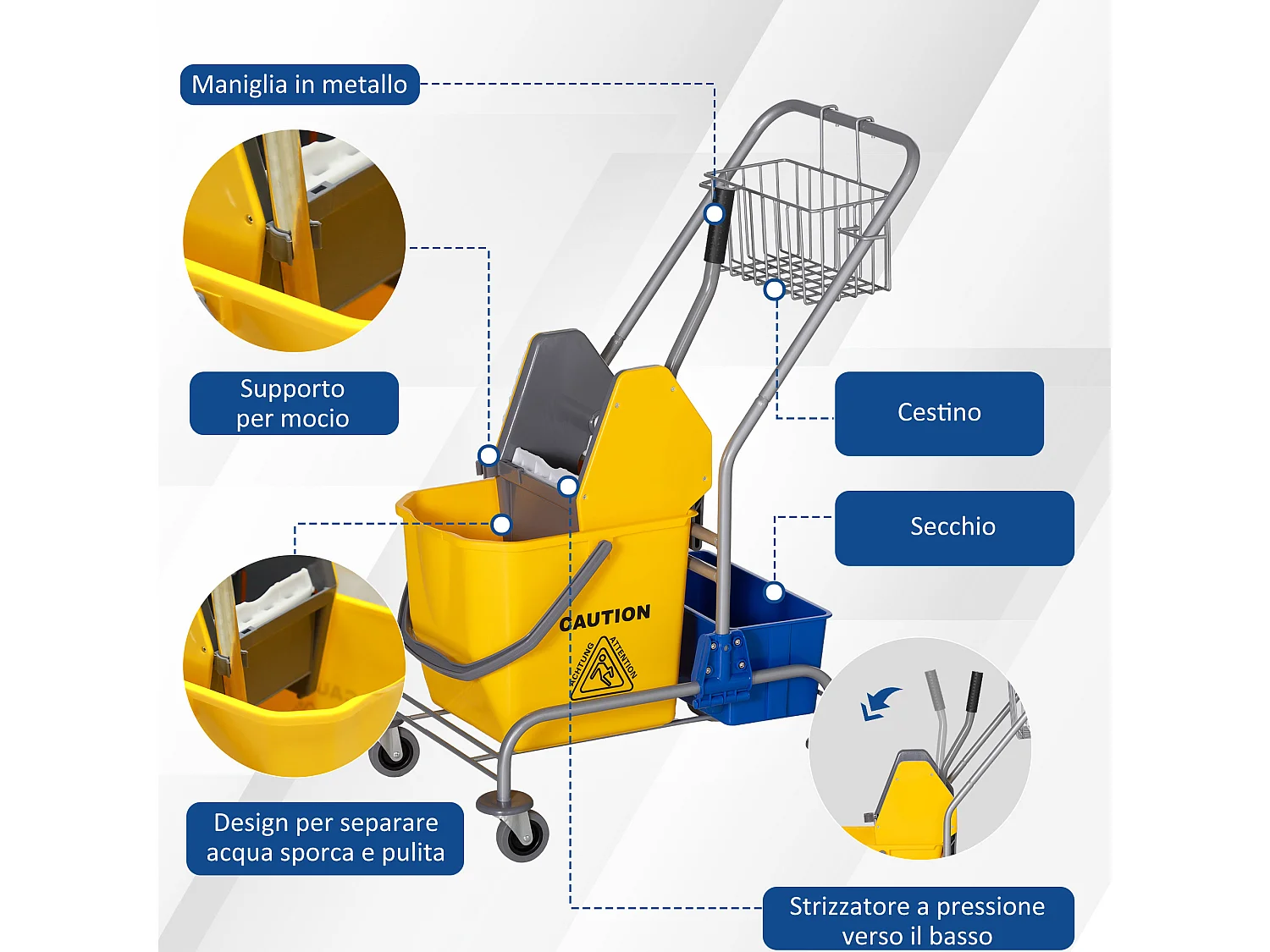 Carrello pulizie con strizzatore secchio da 25l e ripiano in plastica